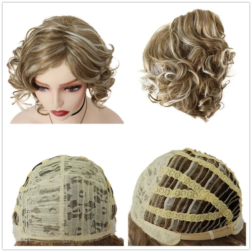 Load image into Gallery viewer, Synthetic Natural Short Curly Wigs for Women Mix Blonde Hair Layered Wig with Bangs Cancer Patient Wig Gift Cosplay Wig
