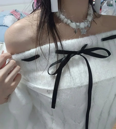 Y2k Aesthetic Slash Neck Twist Sweater Women Off Shlouder Bandage Pullover Vintage Lantern Sleeve Jumper Kawaii Fairy Jumpers