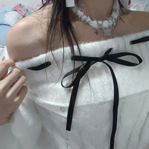 Load image into Gallery viewer, Y2k Aesthetic Slash Neck Twist Sweater Women Off Shlouder Bandage Pullover Vintage Lantern Sleeve Jumper Kawaii Fairy Jumpers
