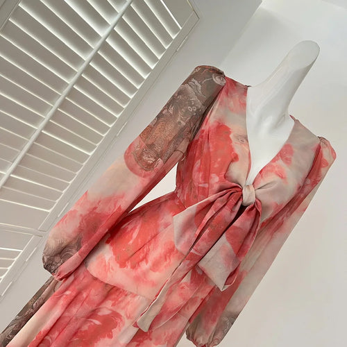 Load image into Gallery viewer, Spring French Fashion Vintage Red Print Elegant V Neck Bow Bandage Party Dress Women Long Sleeves Festival Dress Bohemian Trendy
