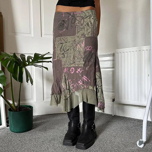 Load image into Gallery viewer, Fairycore Print Asymmetrical Midi Skirt Loose Grunge Y2K Vintage Clothes Patched Streetwear Women&#39;s Skirt Aesthetic
