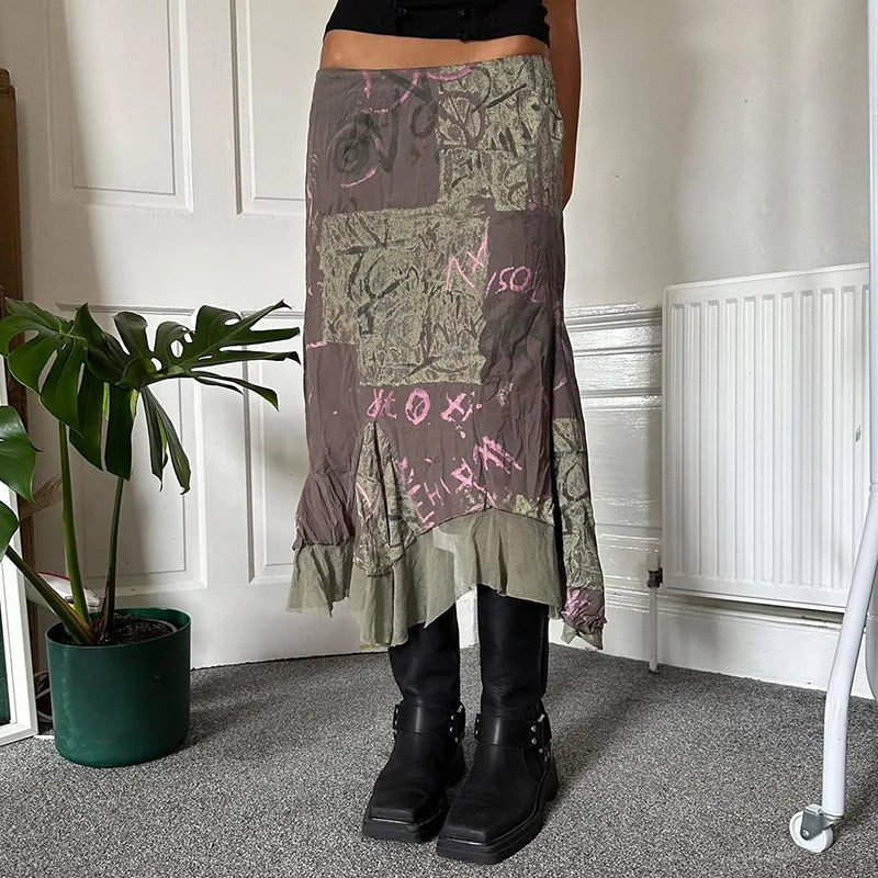 Fairycore Print Asymmetrical Midi Skirt Loose Grunge Y2K Vintage Clothes Patched Streetwear Women's Skirt Aesthetic
