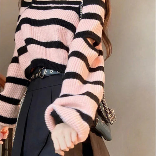 Load image into Gallery viewer, Y2k Aesthetic Harajuku Women Cropped Sweater Fashion Striped Loose Pull Femme Off Shoulder Casual Grunge Knitted  Chandails
