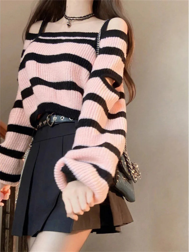 Y2k Aesthetic Harajuku Women Cropped Sweater Fashion Striped Loose Pull Femme Off Shoulder Casual Grunge Knitted  Chandails