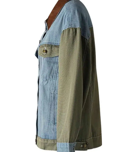 Green Denim Color-block Big Size Casual Jacket New Lapel Long Sleeve Women Coat Fashion Tide Spring Autumn 2025 CP3516