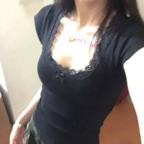 Load image into Gallery viewer, 2025 Y2k Aesthetic Lace Patchwork Crop Top Streetwear Harajuku Women Vintage U Neck T-shirt Streetwear Bow Bottoming Grunge Tees
