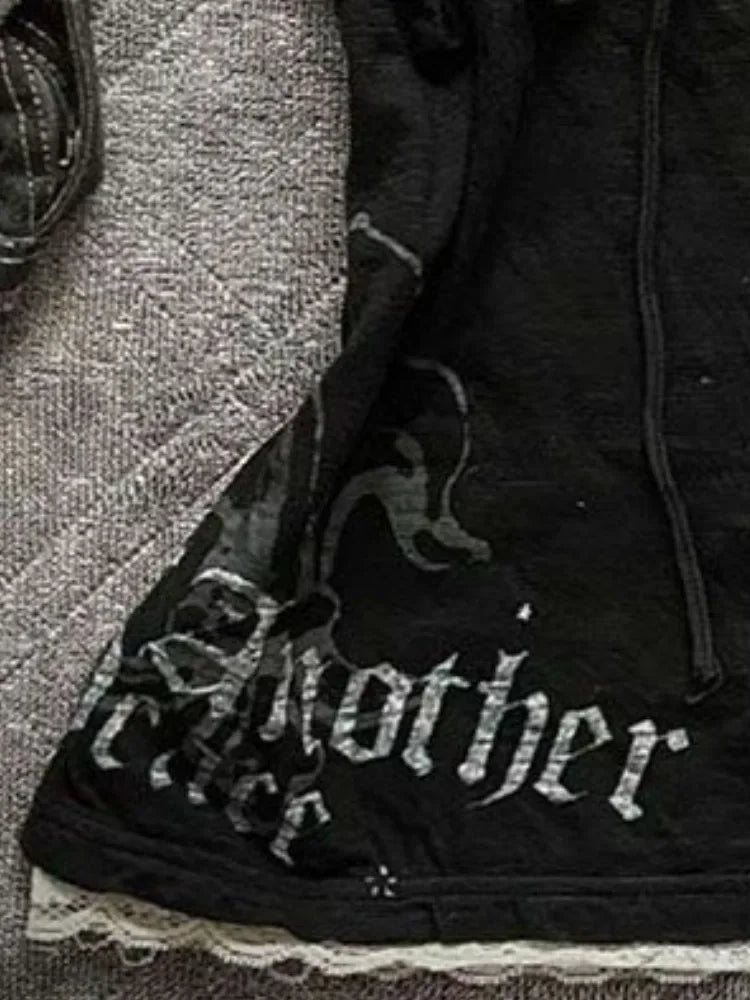 Korean Y2k Aesthetics Fake Two Pieces Bandage T-shirt Streetwear Letter Printing Fairy Grunge Tshirt Harajuku Lace Patchwork Top