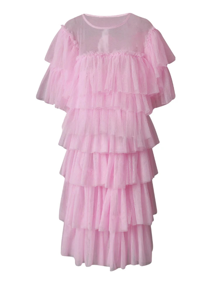 Mesh T-shirt Cake Half-body Skirt Two Pieces Suit New Round Neck Short Sleeve Women Fashion Spring Summer 2025 CPG3209