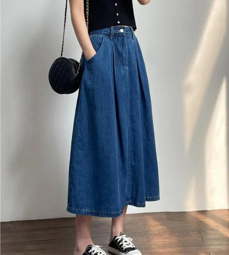 Vintage Blue High Waist Women's Elegant Slim Party Denim A-line Long Skirts Spring Summer Pleated Umbrella Skirt Female 2024 New