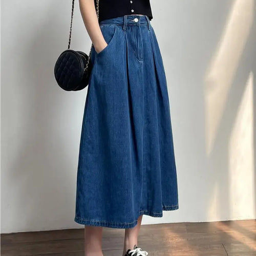 Load image into Gallery viewer, Vintage Blue High Waist Women's Elegant Slim Party Denim A-line Long Skirts Spring Summer Pleated Umbrella Skirt Female 2024 New
