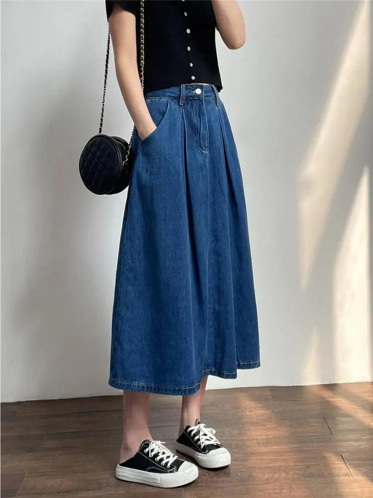 Vintage Blue High Waist Women's Elegant Slim Party Denim A-line Long Skirts Spring Summer Pleated Umbrella Skirt Female 2024 New