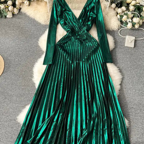 Load image into Gallery viewer, French Women Sexy Formal Green Elegant Backless Pleated Long Dress Autumn V Neck Long Sleeve Ladies Gold Evening Party Prom Gown
