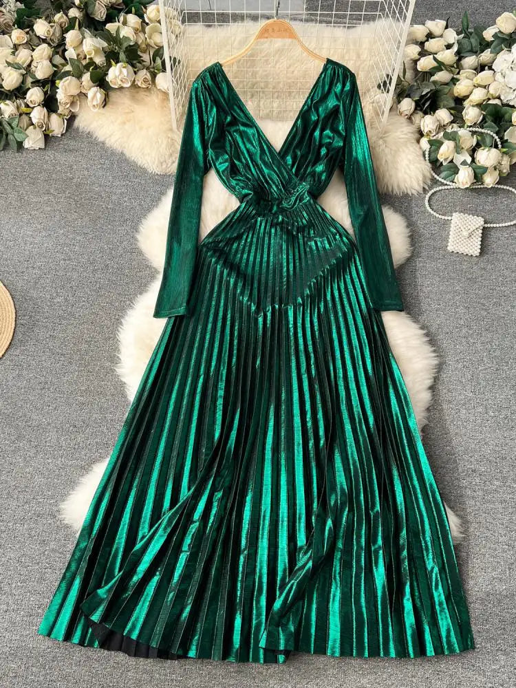 French Women Sexy Formal Green Elegant Backless Pleated Long Dress Autumn V Neck Long Sleeve Ladies Gold Evening Party Prom Gown