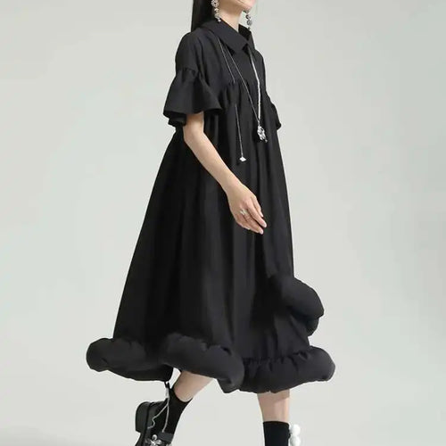 Load image into Gallery viewer, Women White Pleated Hem Ruffles Big Size Shirt Dress New Lapel Short Sleeve Loose Fit Fashion Spring Summer 2025 1DF7190
