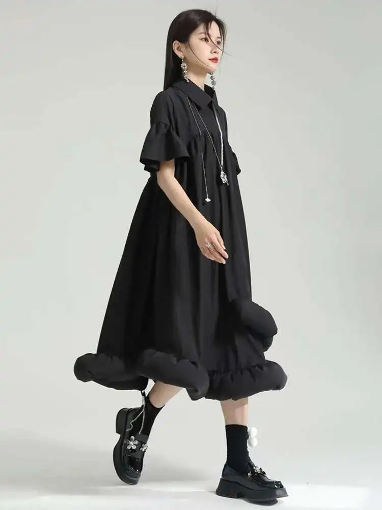 Women White Pleated Hem Ruffles Big Size Shirt Dress New Lapel Short Sleeve Loose Fit Fashion Spring Summer 2025 1DF7190