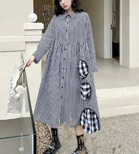 Women Black Plaid Pocket Vintage Big Size Midi Shirt Dress New Lapel Long Sleeve Fashion Tide Spring Autumn 2025 1DH6567