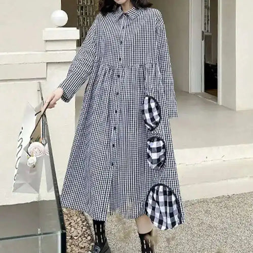 Load image into Gallery viewer, Women Black Plaid Pocket Vintage Big Size Midi Shirt Dress New Lapel Long Sleeve Fashion Tide Spring Autumn 2025 1DH6567
