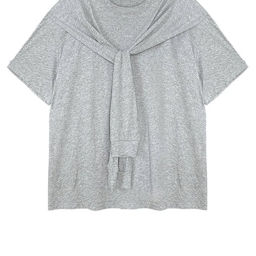 Load image into Gallery viewer, Women White Bandage Brief Big Size Casual T-shirt New Round Neck Half Sleeve Fashion Tide Spring Summer 2025 1DJ0722
