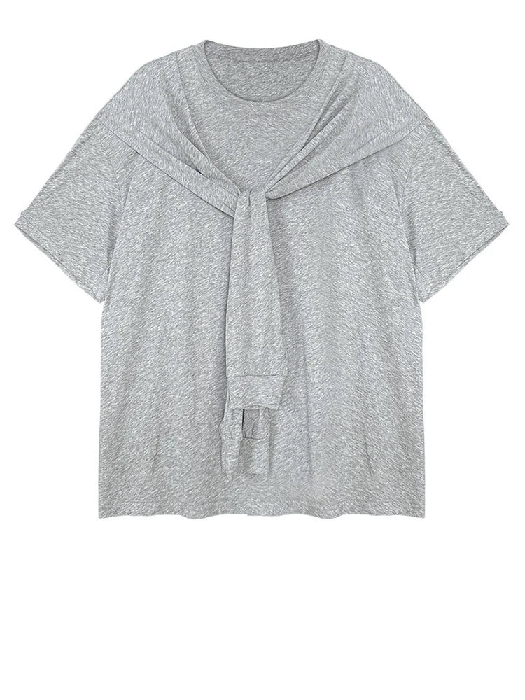 Women White Bandage Brief Big Size Casual T-shirt New Round Neck Half Sleeve Fashion Tide Spring Summer 2025 1DJ0722