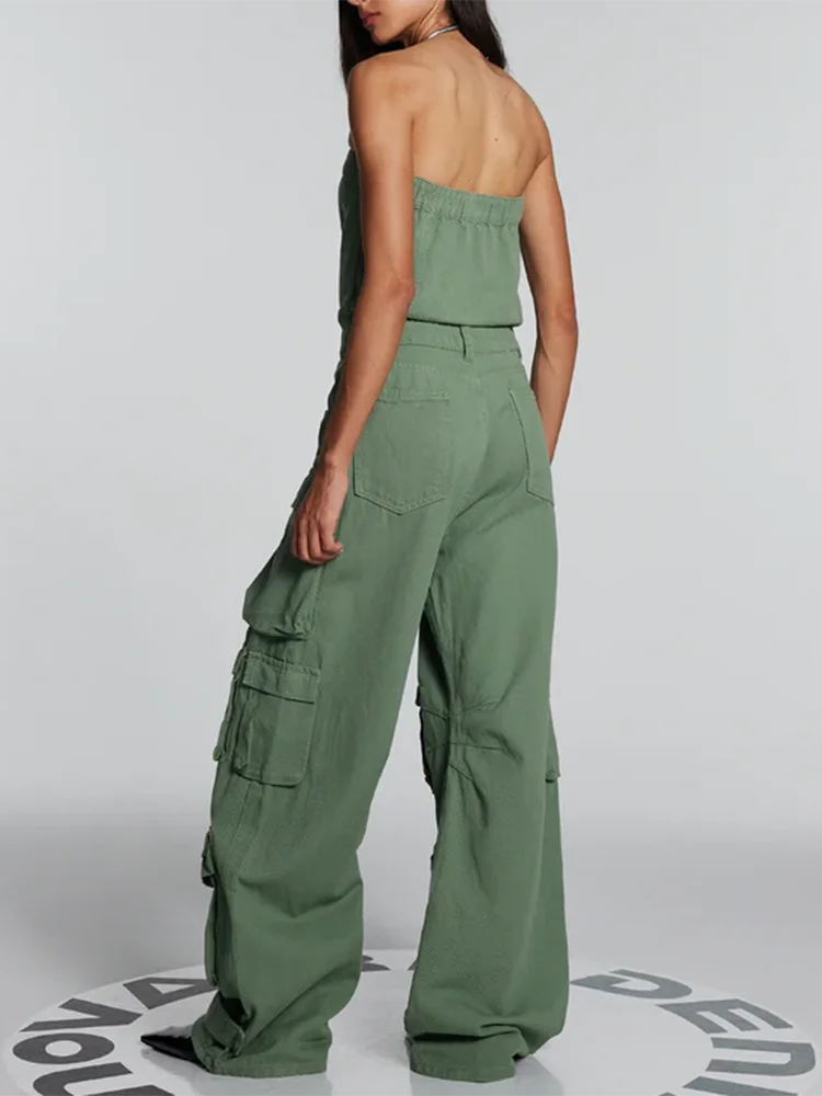 Solid Casual Loose Jumpsuits For Women Strapless Sleeveless High Waist Spliced Pockets  Jumpsuit Female Fashion Clothing