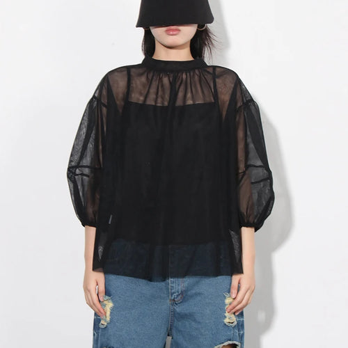 Load image into Gallery viewer, Solid Patchwork Mesh Elegant Shirts For Women Round Neck Lantern Sleeve Spliced Folds Casual Pullover Shirt Female
