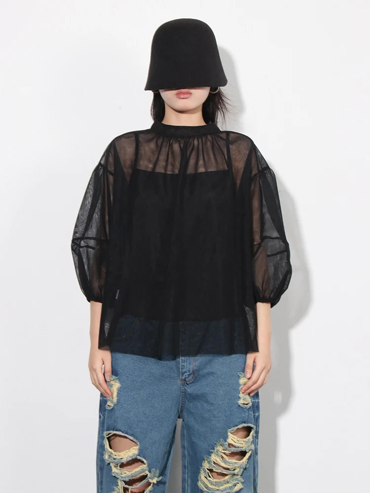 Solid Patchwork Mesh Elegant Shirts For Women Round Neck Lantern Sleeve Spliced Folds Casual Pullover Shirt Female