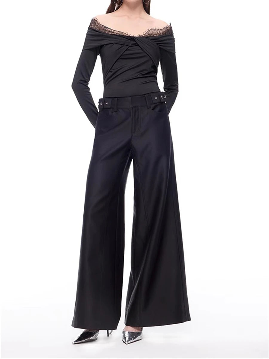 Solid Spliced Lace Up Slimming T Shirts For Women Slash Neck Long Sleeve Minimalist T Shirt Female Fashion Style