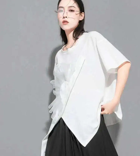 Women White Flower Ruffles Ribbon Big Size T-shirt New Round Neck Short Sleeve Fashion Tide Spring Summer  2025 1DE8699