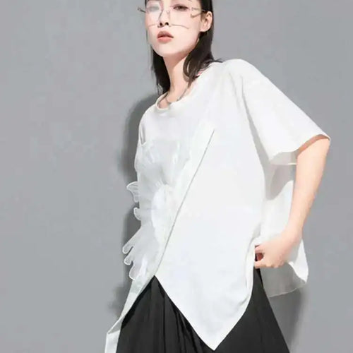 Load image into Gallery viewer, Women White Flower Ruffles Ribbon Big Size T-shirt New Round Neck Short Sleeve Fashion Tide Spring Summer  2025 1DE8699
