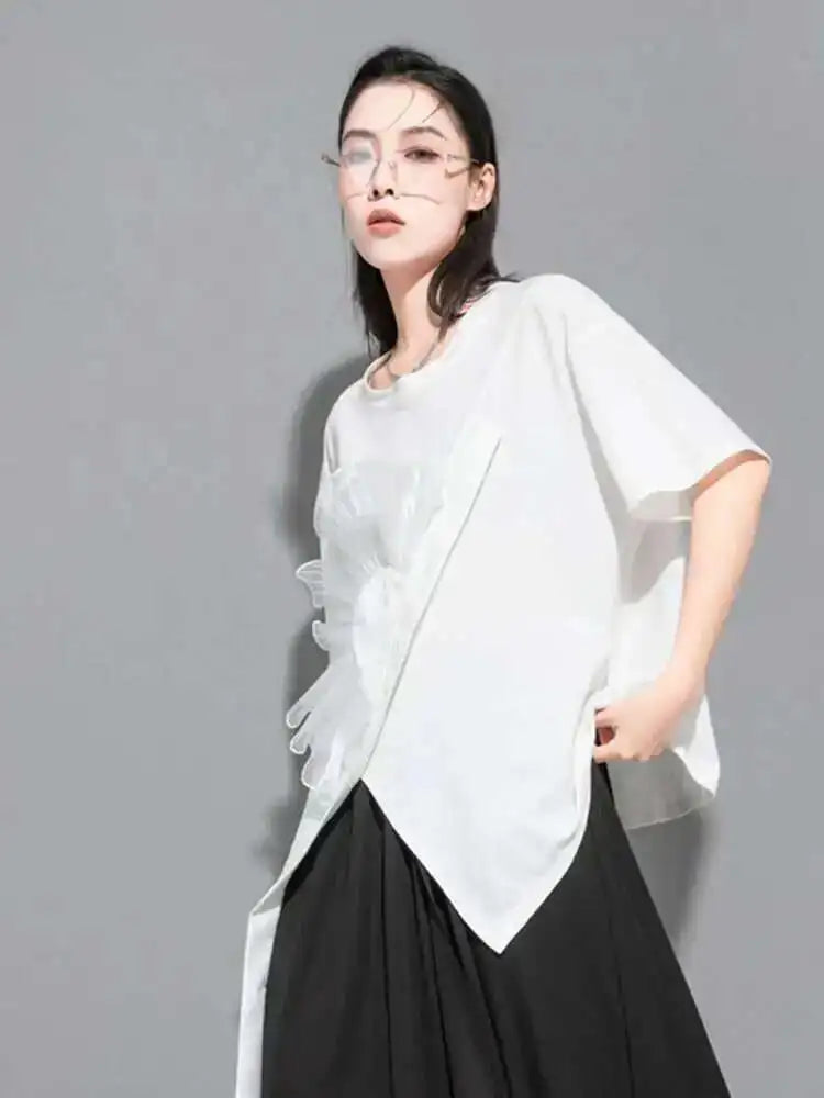 Women White Flower Ruffles Ribbon Big Size T-shirt New Round Neck Short Sleeve Fashion Tide Spring Summer  2025 1DE8699