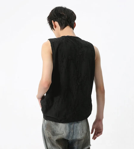 Men's Sleeveless Vest Niche Design Sense Broken Hole Lazy Style Round Neck Casual Male Tank Top Summer 9C5719