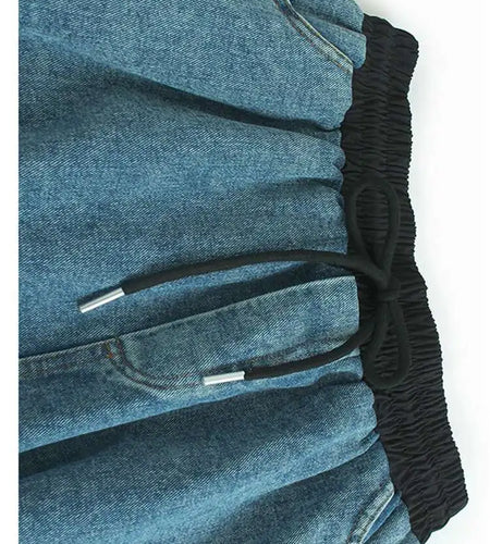 High Elastic Waist Black Denim Color-block Drawstring A-line Half-body Skirt Women Fashion New Spring Autumn 2025 1DH8432