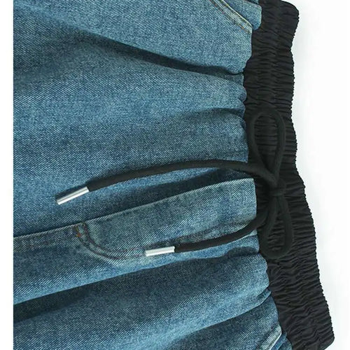 Load image into Gallery viewer, High Elastic Waist Black Denim Color-block Drawstring A-line Half-body Skirt Women Fashion New Spring Autumn 2025 1DH8432
