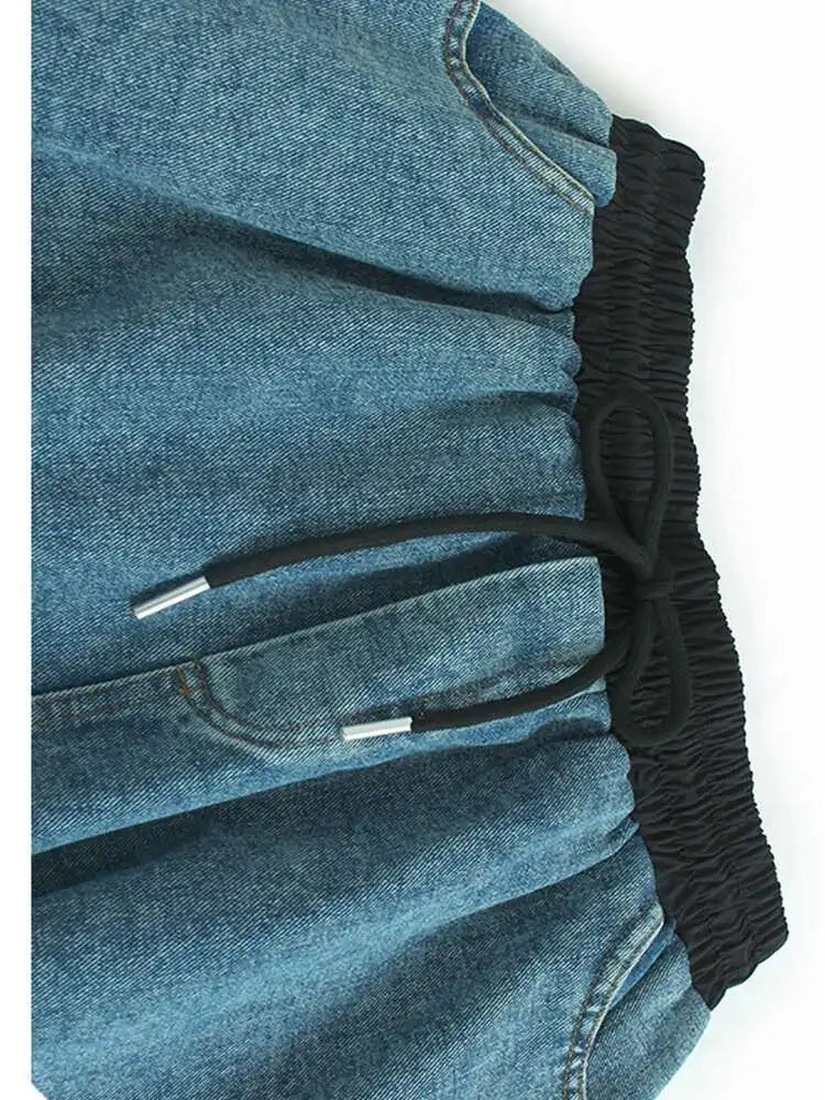 High Elastic Waist Black Denim Color-block Drawstring A-line Half-body Skirt Women Fashion New Spring Autumn 2025 1DH8432