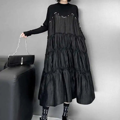 Load image into Gallery viewer, Women Black Knitting Beads Pleated Big Size Midi Dress New Round Neck Long Sleeve Fashion Tide Spring Autumn 2025 1DH9219
