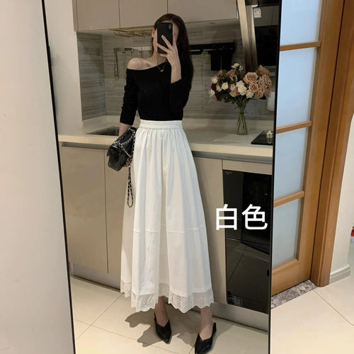 Load image into Gallery viewer, Spring Summer French Fashion Patchwork Lace Elegant Versatile Long Skirt Women Vintage High Waisted Vacation Pleated Half Skirts
