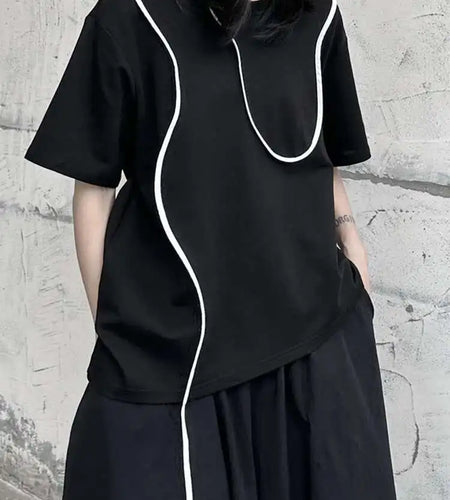 Women Black Color-block Irregular Big Size T-shirt New Round Neck Short Sleeve Fashion Tide Spring Summer 2025 1DF9655