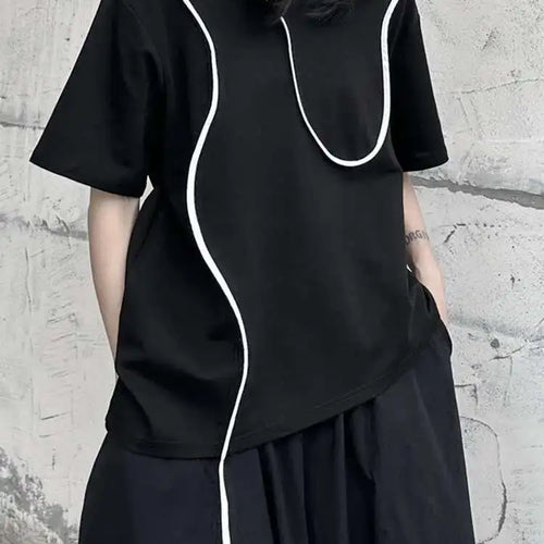 Load image into Gallery viewer, Women Black Color-block Irregular Big Size T-shirt New Round Neck Short Sleeve Fashion Tide Spring Summer 2025 1DF9655
