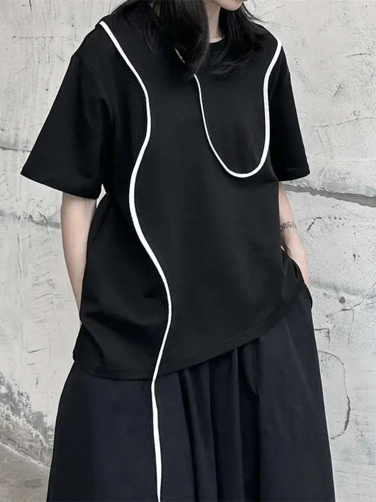 Women Black Color-block Irregular Big Size T-shirt New Round Neck Short Sleeve Fashion Tide Spring Summer 2025 1DF9655