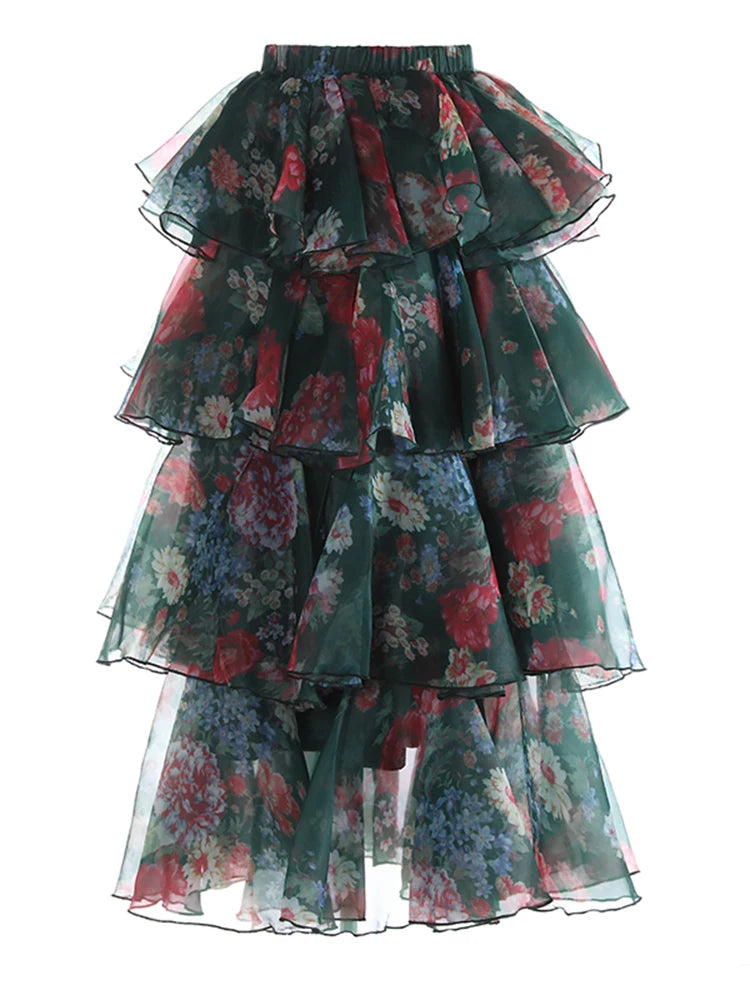 High Elastic Waist Red Printed Organza Layers Cake Half-body Skirt Women Fashion Tide New Spring Autumn 2025 1DJ1174