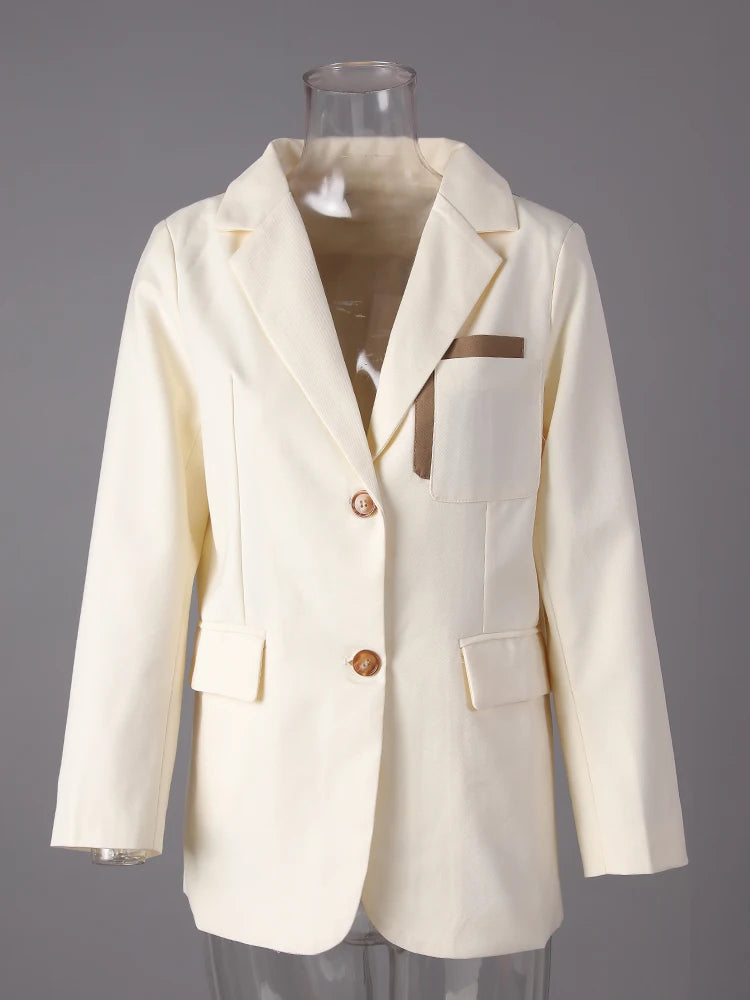 Women Beige Color-block Back Button Big Size Blazer New Lapel Long Sleeve Jacket Fashion Tide Spring Autumn 2025 30A3069