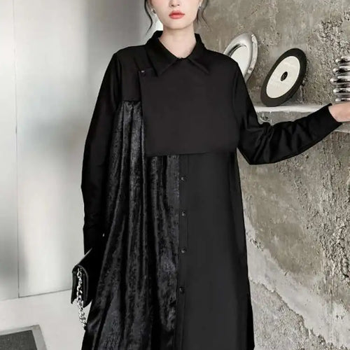 Load image into Gallery viewer, Women Black Velvet Big Size Pleated Mini Shirt Dress New Lapel Long Sleeve Fashion Tide Spring Autumn 2025 1DH5157

