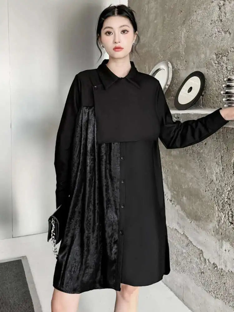 Women Black Velvet Big Size Pleated Mini Shirt Dress New Lapel Long Sleeve Fashion Tide Spring Autumn 2025 1DH5157