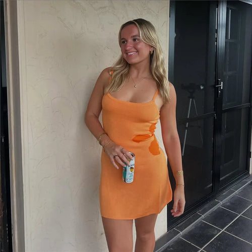 Load image into Gallery viewer, Spaghetti Strap Print Knit Mini Dress For Woman Robe Summer New Sleeveless Backless Beach Holiday Club Dress Knitwear
