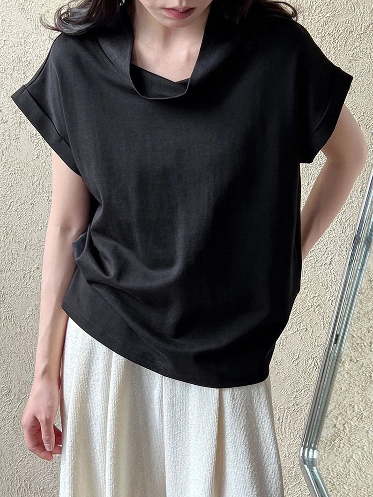 Women Yellow White Plain Color Thin Elegant T-shirt New Turtleneck Short Sleeve Fashion Tide Spring Summer 2025 1DJ0472