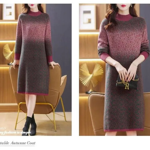 Load image into Gallery viewer, Green Gradient Loose Oversized Midi Knitted Dress Women Red Patchwork Long Sleeve Autumn Winter Thick Temperament Sweater Dress
