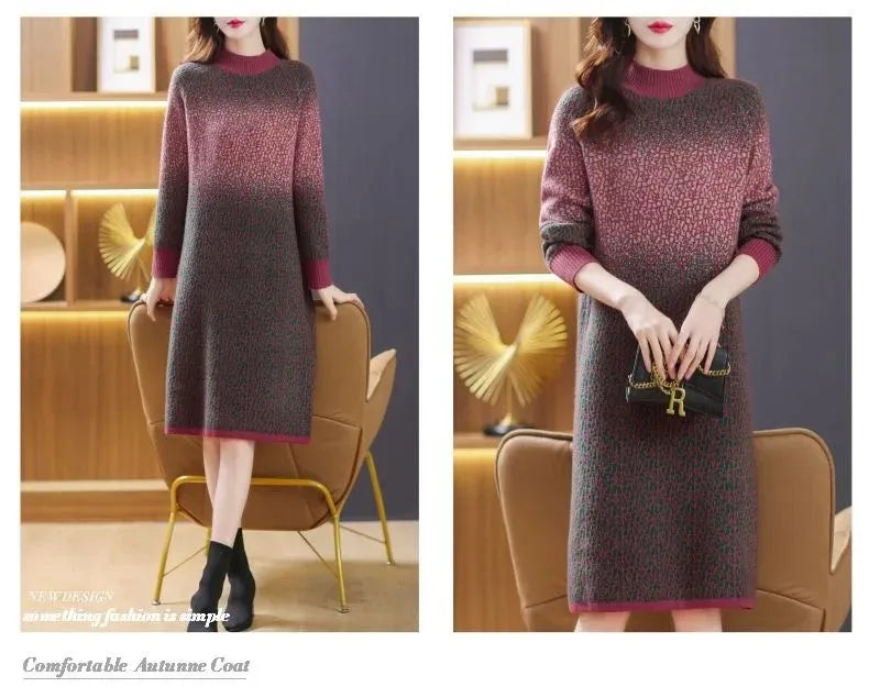Green Gradient Loose Oversized Midi Knitted Dress Women Red Patchwork Long Sleeve Autumn Winter Thick Temperament Sweater Dress