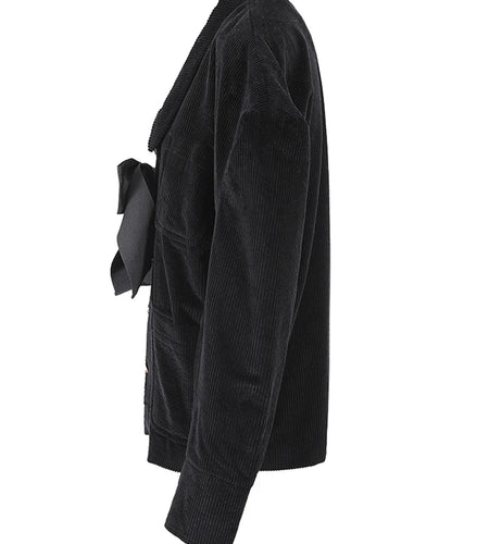 Loose Fit Black Corduroy Bow Big Size Jacket New Lapel Long Sleeve Women Coat Fashion Tide Spring Autumn 2025 1DF2133