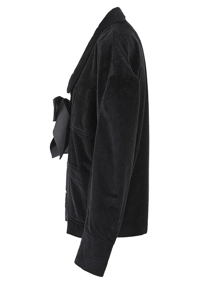 Loose Fit Black Corduroy Bow Big Size Jacket New Lapel Long Sleeve Women Coat Fashion Tide Spring Autumn 2025 1DF2133