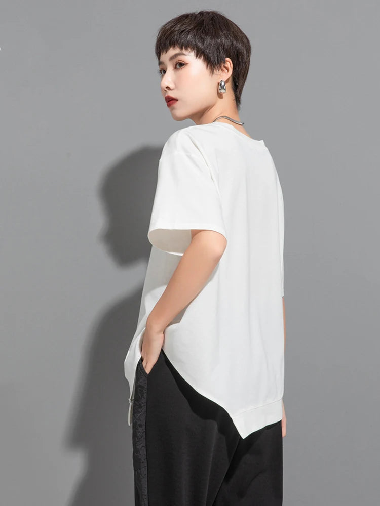 Women White  Topstitched Irregular Hem Big Size T-shirt New Round Neck Short Sleeve Fashion Spring Summer 2025 1DJ1753